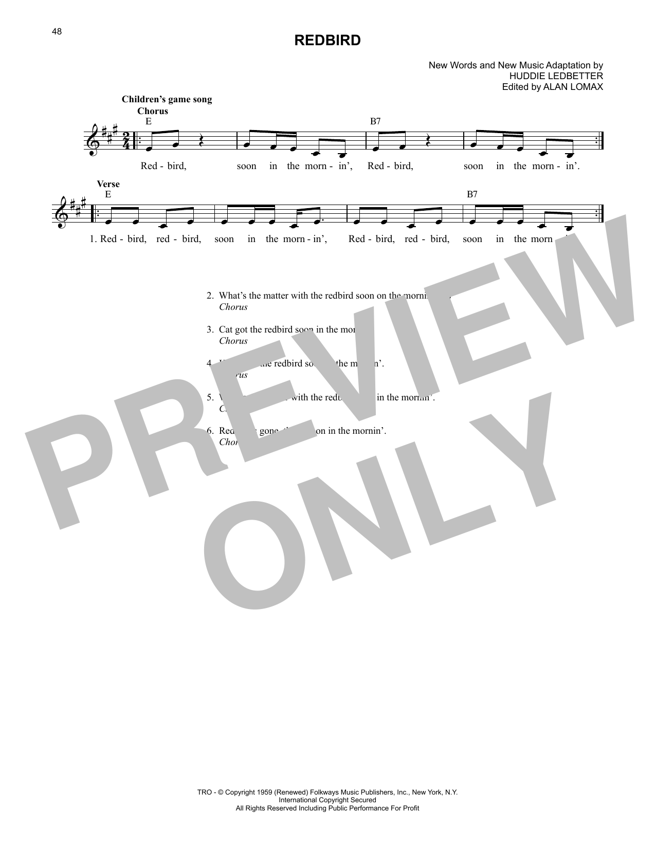 Lead Belly Redbird sheet music notes and chords. Download Printable PDF.