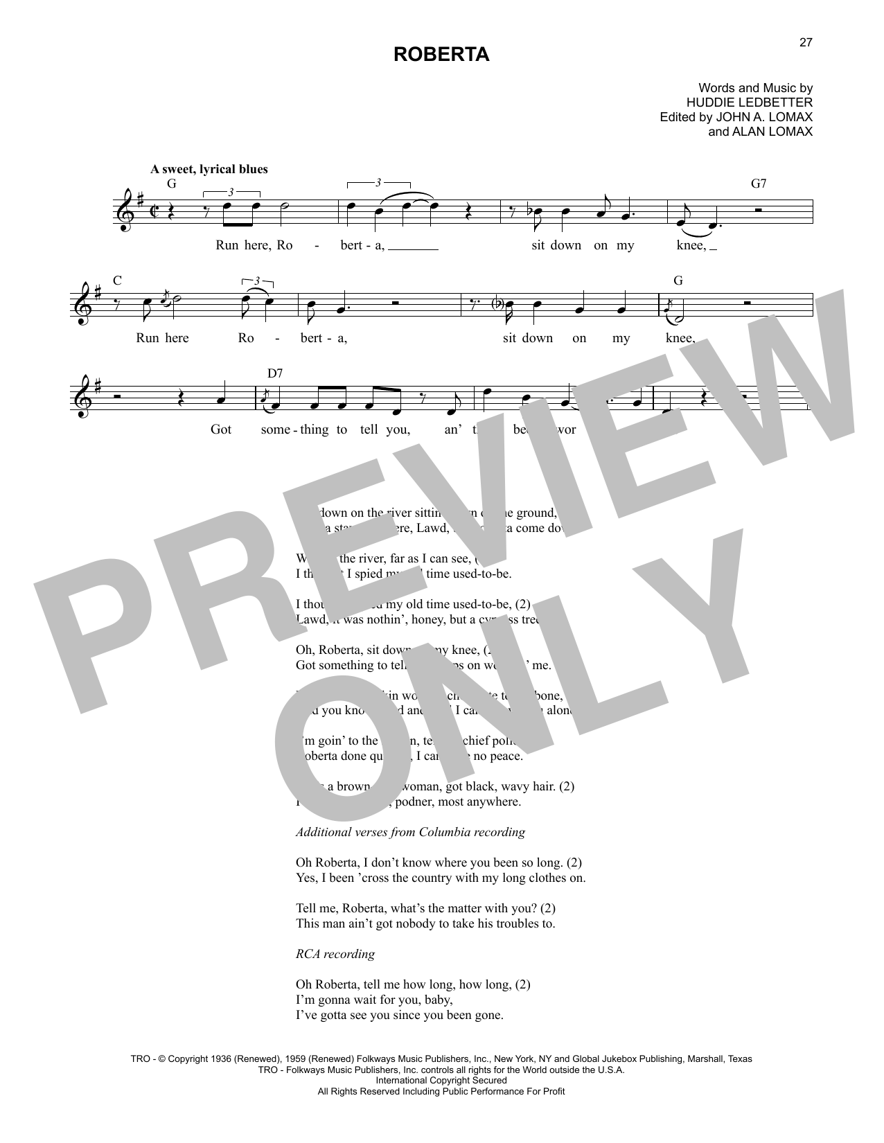 Lead Belly Roberta sheet music notes and chords. Download Printable PDF.