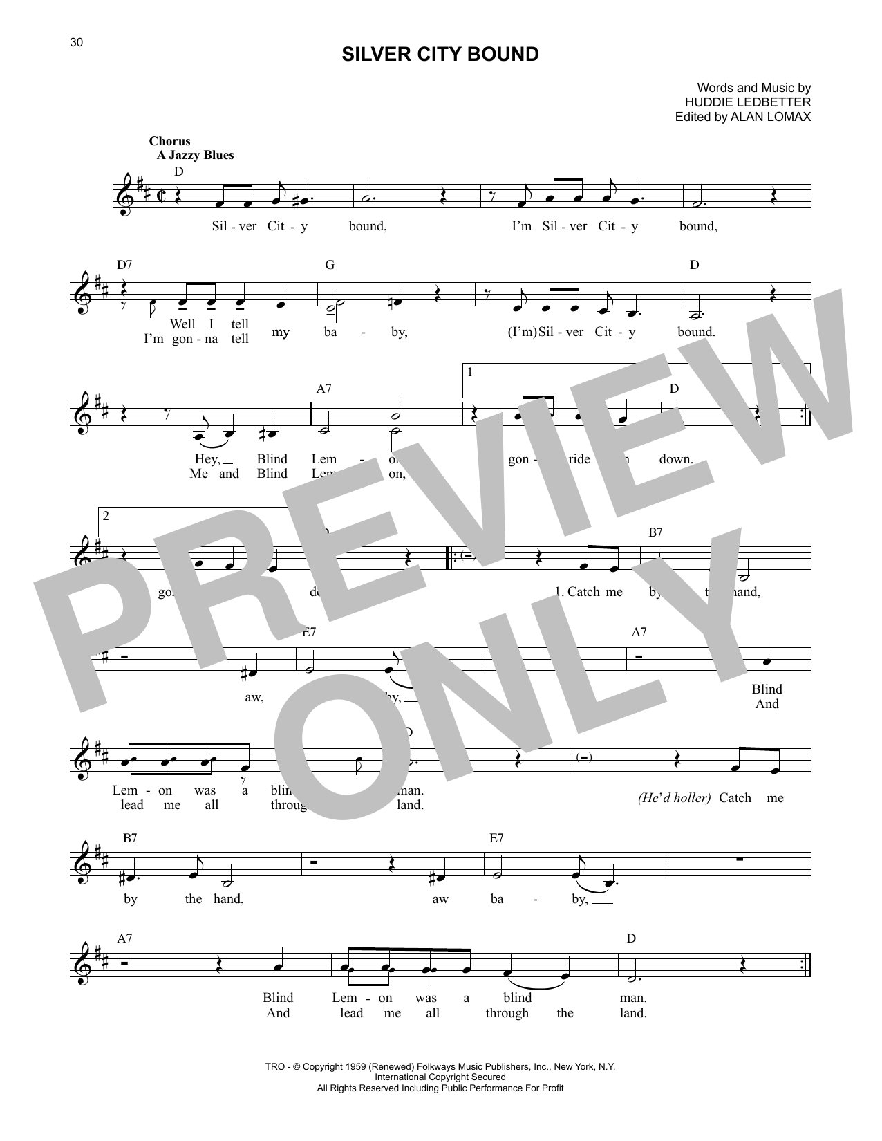 Lead Belly Silver City Bound sheet music notes and chords. Download Printable PDF.