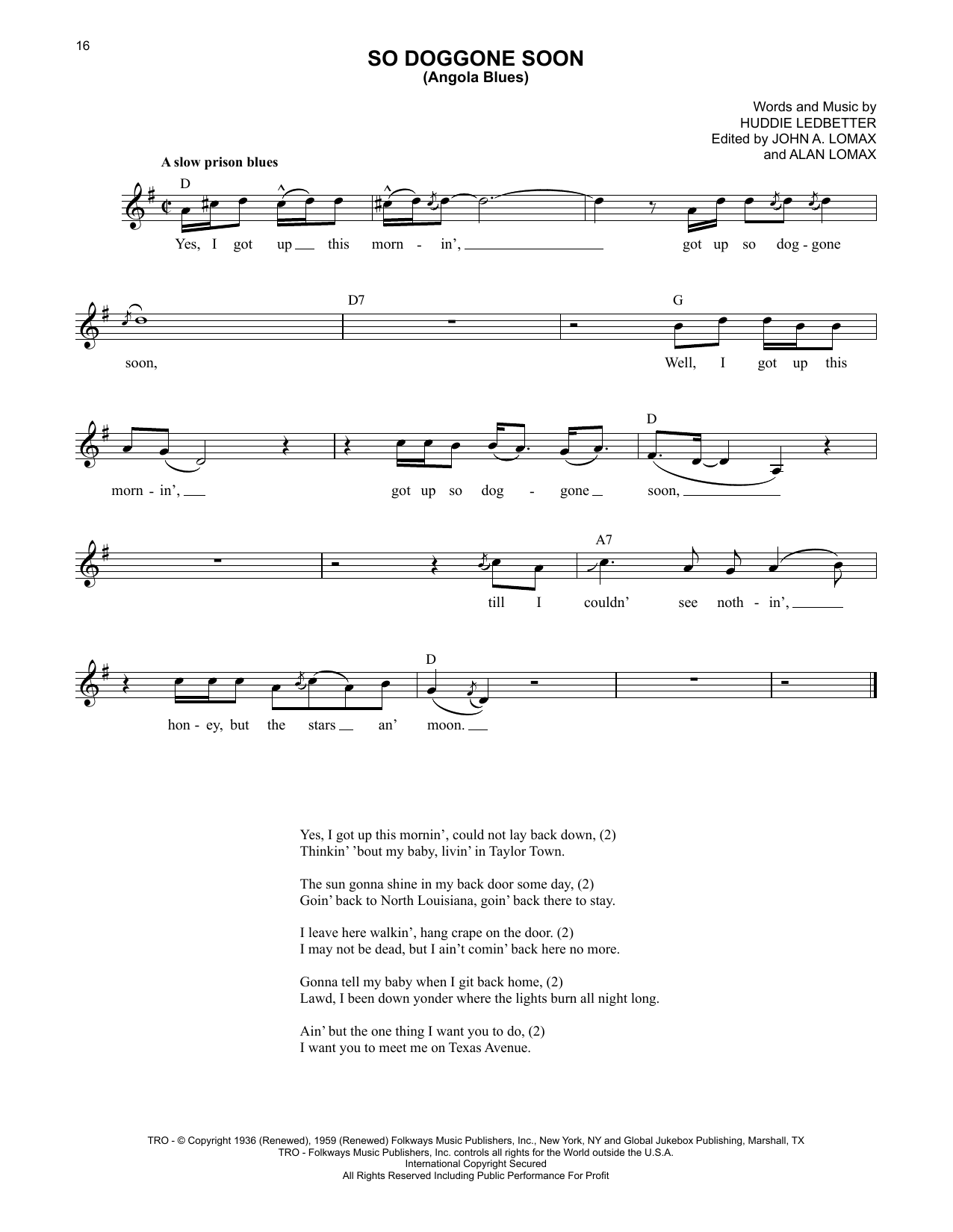 Lead Belly So Doggone Soon (Angola Blues) sheet music notes and chords. Download Printable PDF.