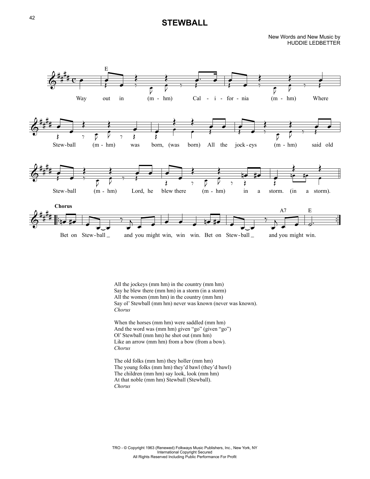 Lead Belly Stewball sheet music notes and chords. Download Printable PDF.