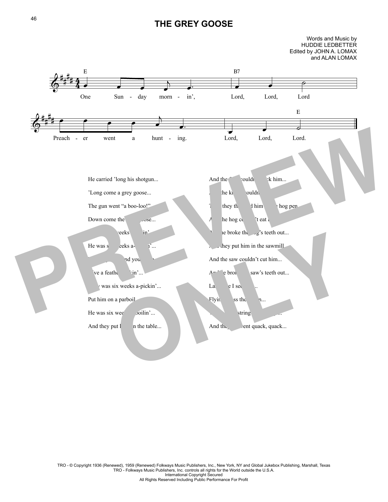 Lead Belly The Grey Goose sheet music notes and chords. Download Printable PDF.