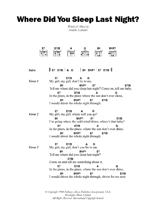 Leadbelly Where Did You Sleep Last Night sheet music notes and chords. Download Printable PDF.