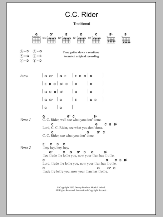 Leadbelly C.C. Rider sheet music notes and chords. Download Printable PDF.