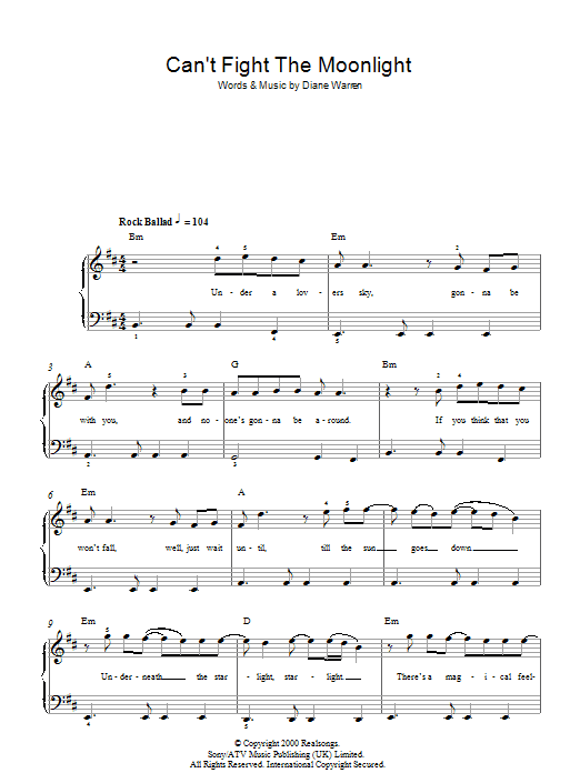 LeAnn Rimes Can't Fight The Moonlight sheet music notes and chords. Download Printable PDF.