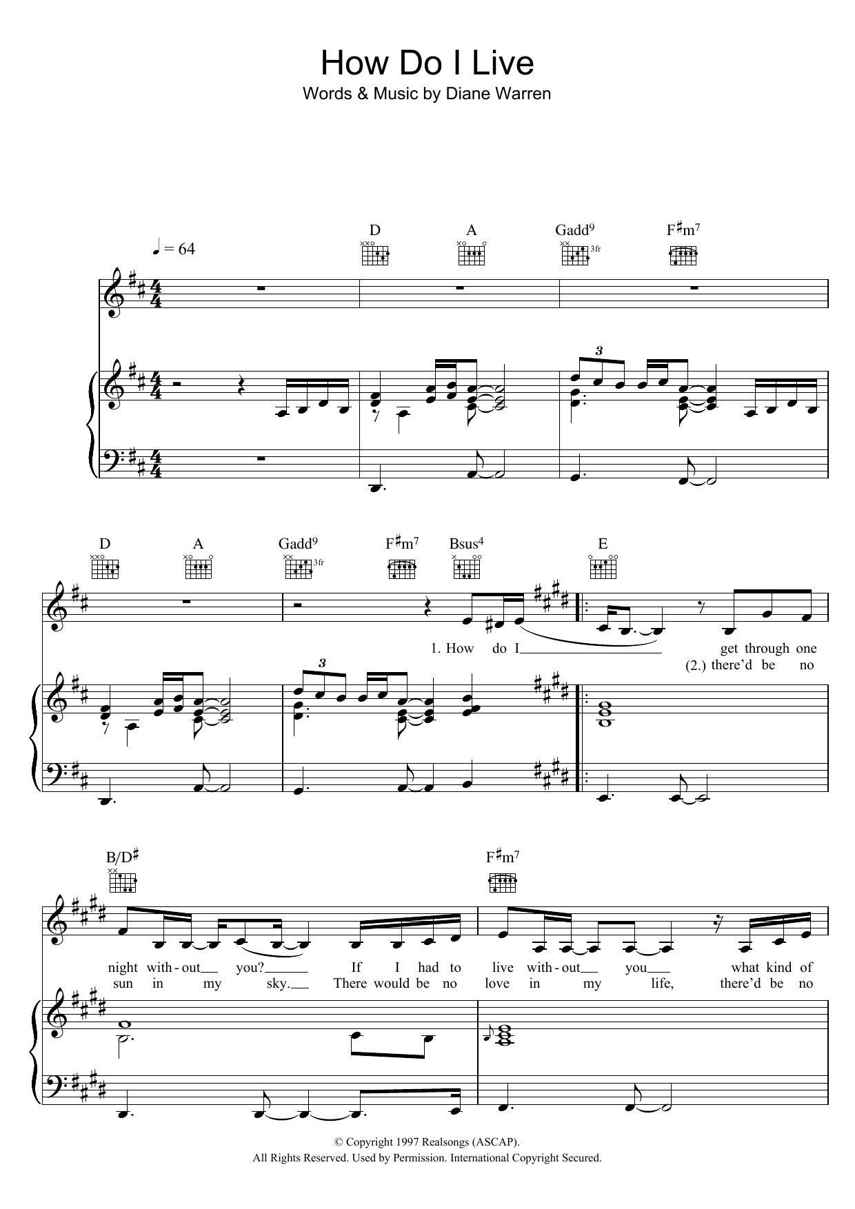 LeAnn Rimes How Do I Live sheet music notes and chords arranged for Piano, Vocal & Guitar Chords