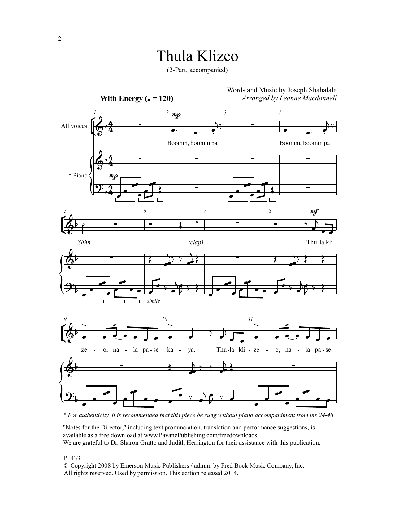 Leanne Macdonnell Thula Klizeo sheet music notes and chords. Download Printable PDF.