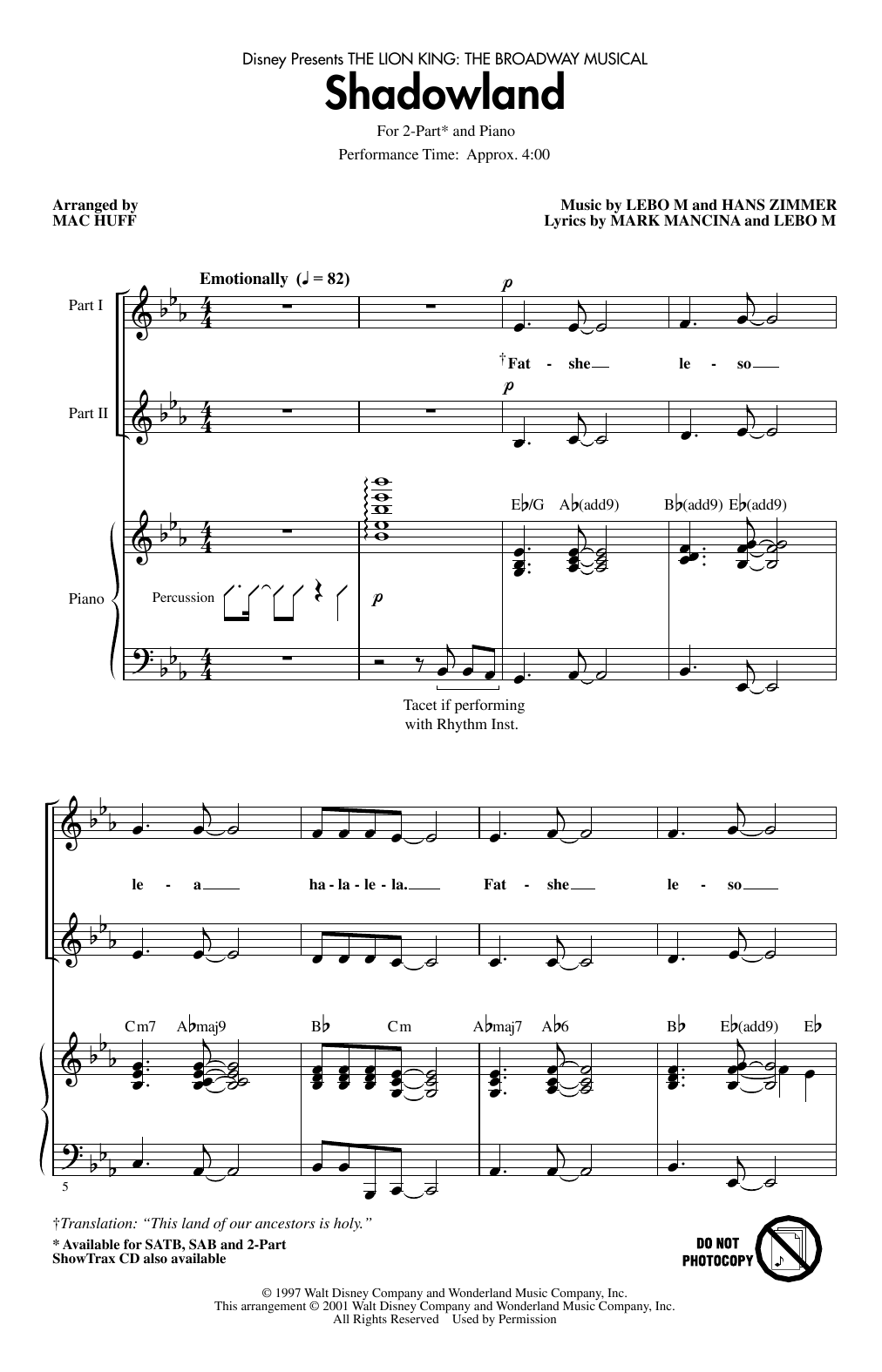 Lebo M., Hans Zimmer and Mark Mancina Shadowland (from The Lion King: Broadway Musical) (arr. Mac Huff) sheet music notes and chords. Download Printable PDF.