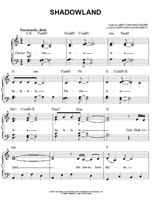 Lebo M., Hans Zimmer and Mark Mancina Shadowland (from The Lion King: Broadway Musical) sheet music notes and chords. Download Printable PDF.