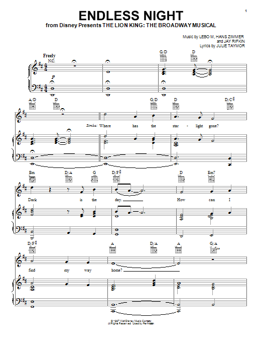 Lebo M., Hans Zimmer, Jay Rifkin and Julie Taymor Endless Night (from The Lion King: Broadway Musical) sheet music notes and chords. Download Printable PDF.