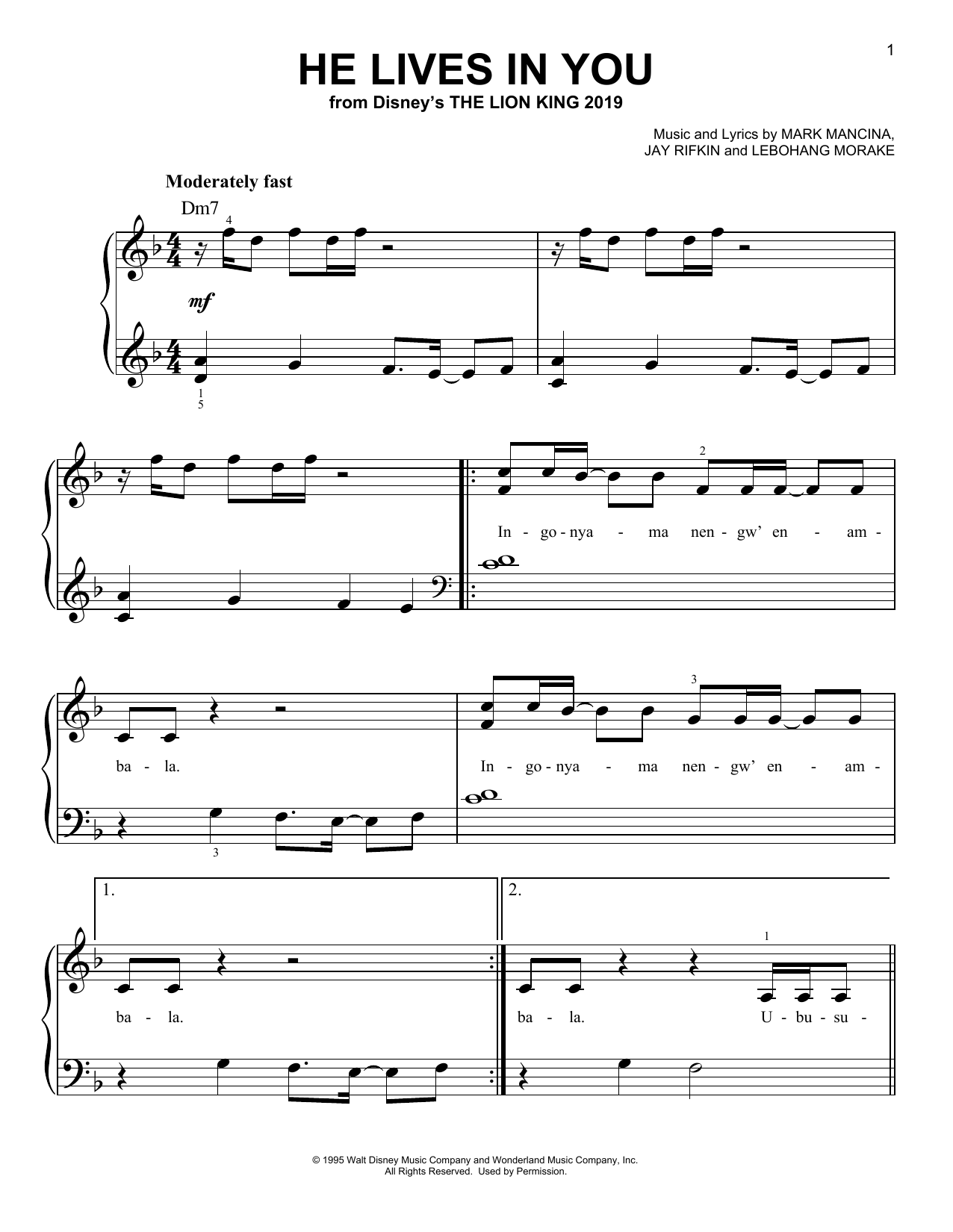 Lebo M He Lives In You (from The Lion King 2019) sheet music notes and chords. Download Printable PDF.