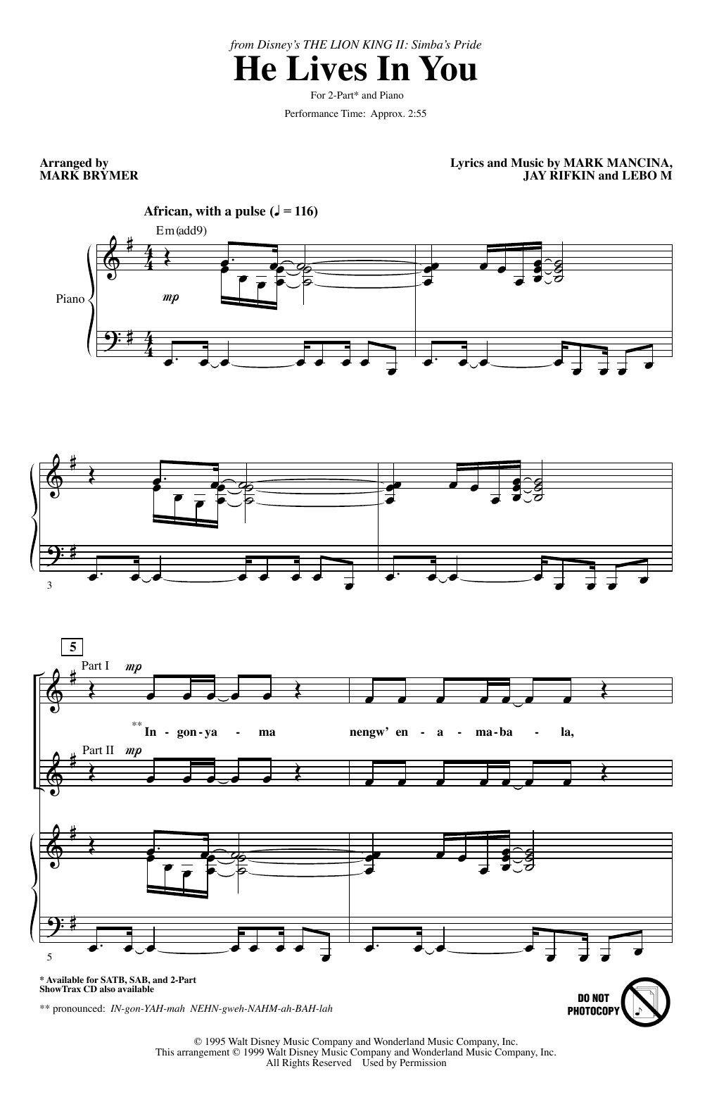 Lebo M He Lives In You (from The Lion King II: Simba's Pride) (arr. Mark Brymer) sheet music notes and chords arranged for 2-Part Choir