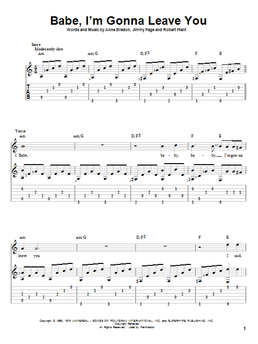 Led Zeppelin Babe, I'm Gonna Leave You sheet music notes and chords arranged for Very Easy Piano