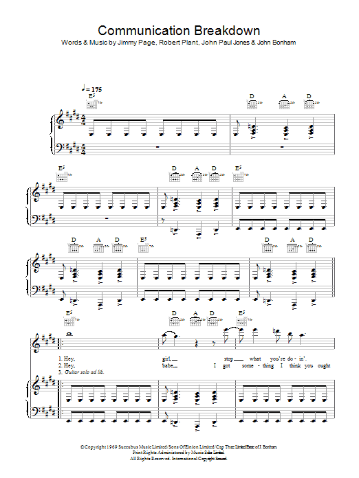 Led Zeppelin Communication Breakdown sheet music notes and chords. Download Printable PDF.