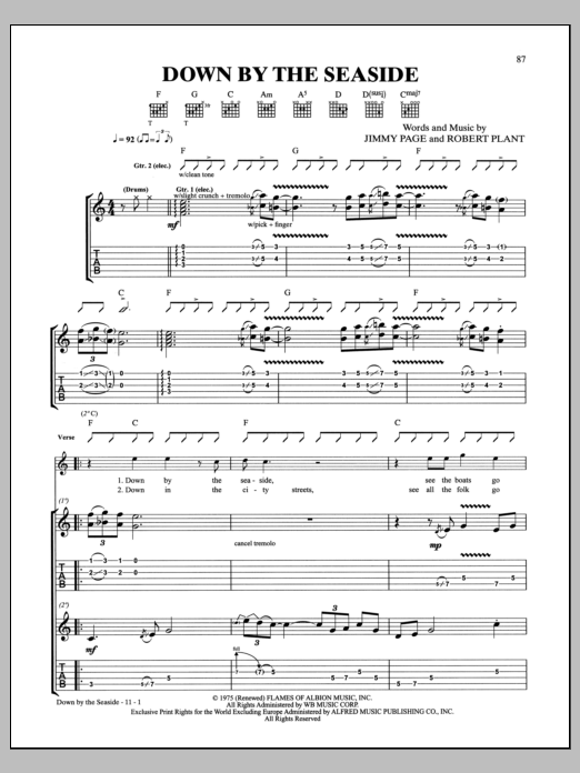 Led Zeppelin Down By The Seaside sheet music notes and chords. Download Printable PDF.