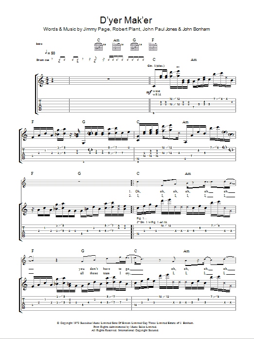 Led Zeppelin D'yer Mak'er sheet music notes and chords. Download Printable PDF.