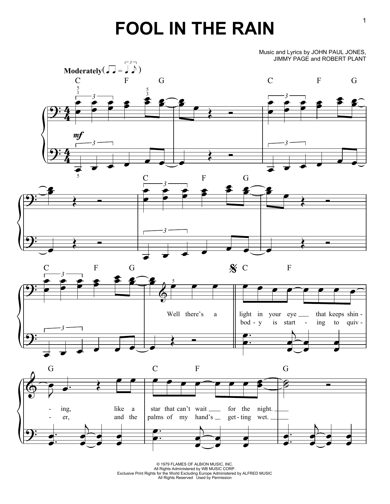 Led Zeppelin Fool In The Rain sheet music notes and chords arranged for Easy Piano