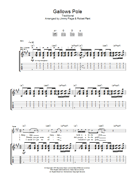 Led Zeppelin Gallows Pole sheet music notes and chords. Download Printable PDF.