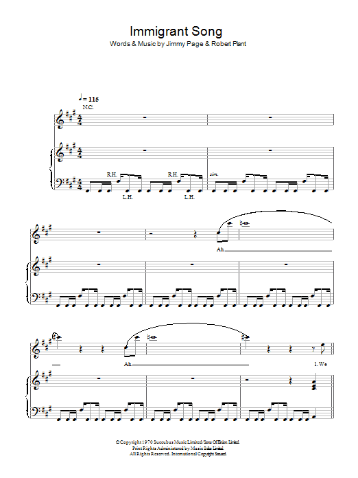 Led Zeppelin Immigrant Song sheet music notes and chords. Download Printable PDF.