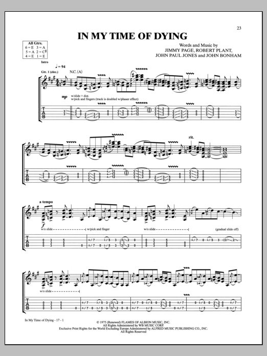 Led Zeppelin In My Time Of Dying sheet music notes and chords. Download Printable PDF.