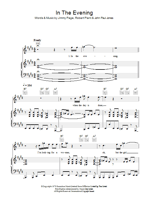 Led Zeppelin In The Evening sheet music notes and chords arranged for Piano, Vocal & Guitar Chords