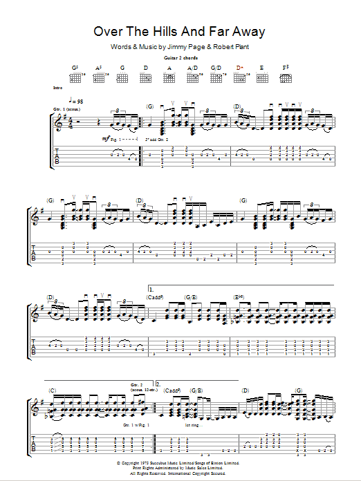 Led Zeppelin Over The Hills And Far Away sheet music notes and chords. Download Printable PDF.