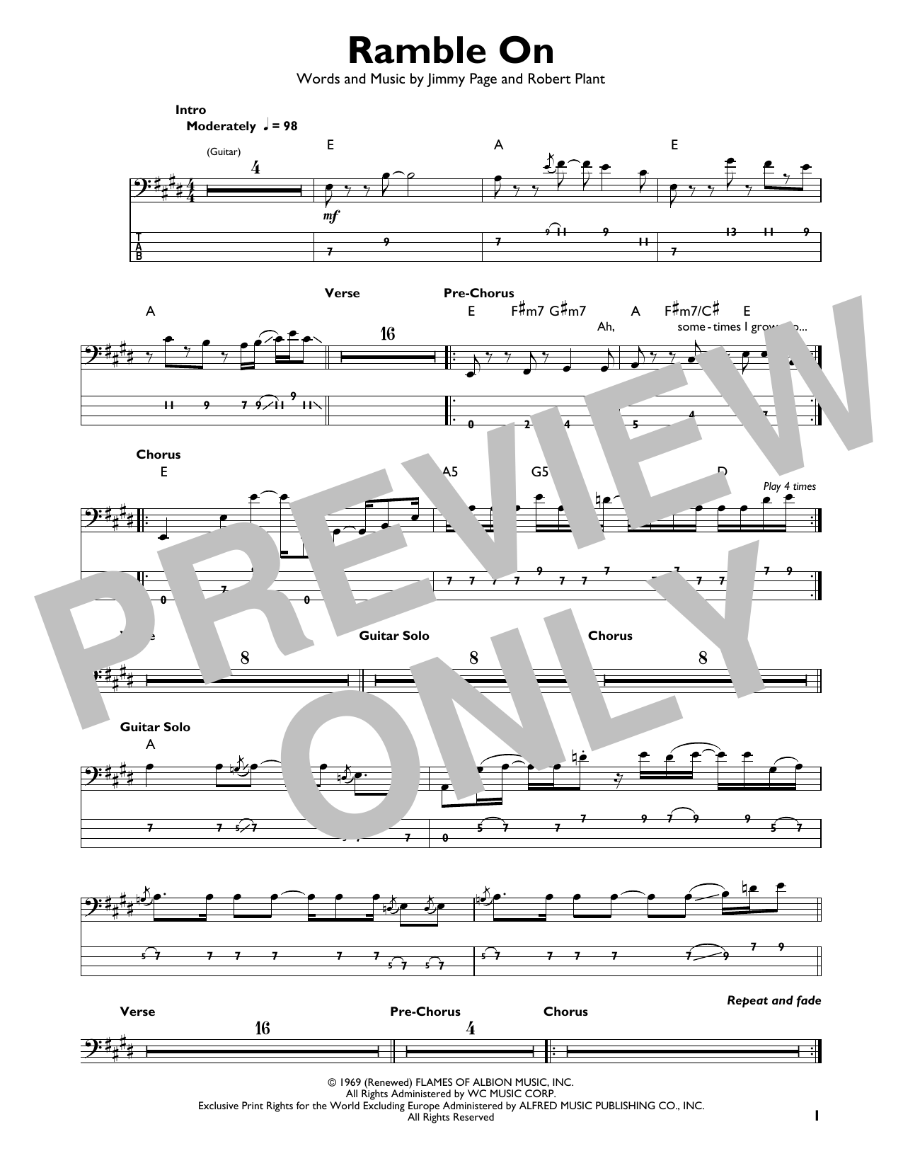 Led Zeppelin Ramble On sheet music notes and chords arranged for Piano, Vocal & Guitar Chords