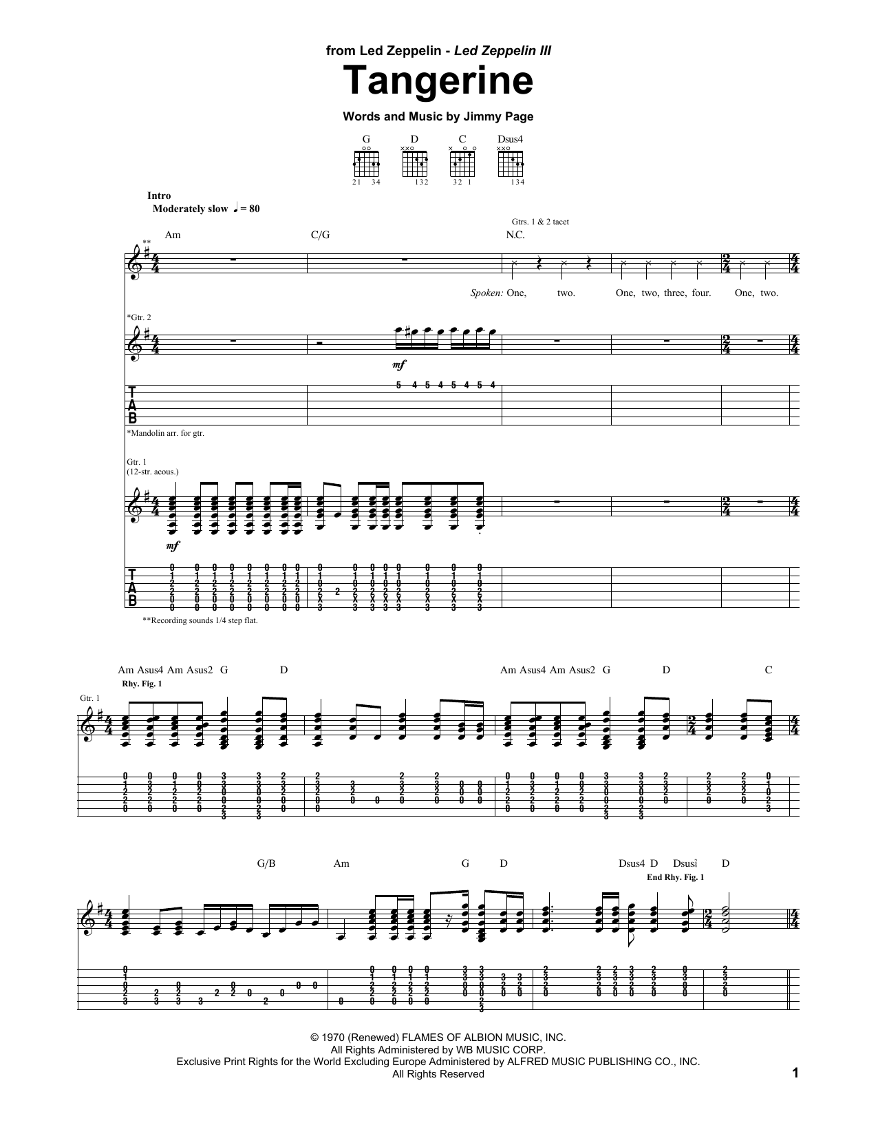 Led Zeppelin Tangerine sheet music notes and chords. Download Printable PDF.