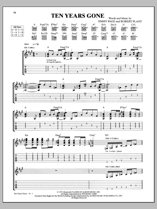 Led Zeppelin Ten Years Gone sheet music notes and chords. Download Printable PDF.