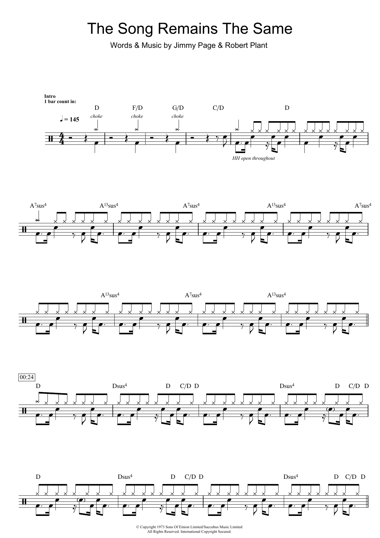 Led Zeppelin The Song Remains The Same sheet music notes and chords arranged for Drums