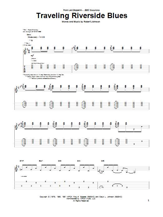 Led Zeppelin Traveling Riverside Blues sheet music notes and chords arranged for Guitar Tab