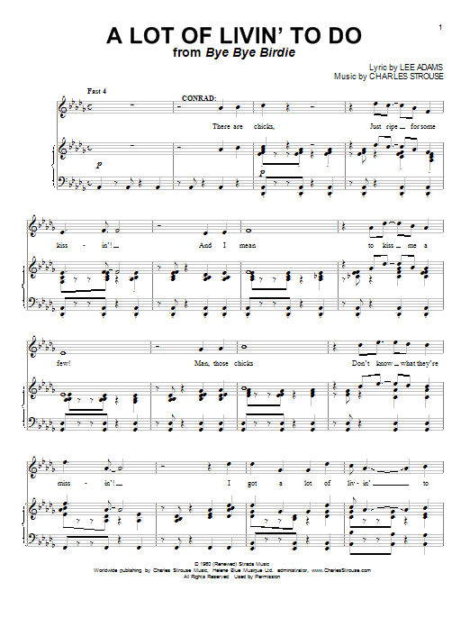Learn to play Lee Adams A Lot Of Livin' To Do sheet music for Piano & Vocal in minutes. Price: 7.8900$ Lee Adams A Lot Of Livin' To Do sheet music notes and chords arranged for Piano & Vocal