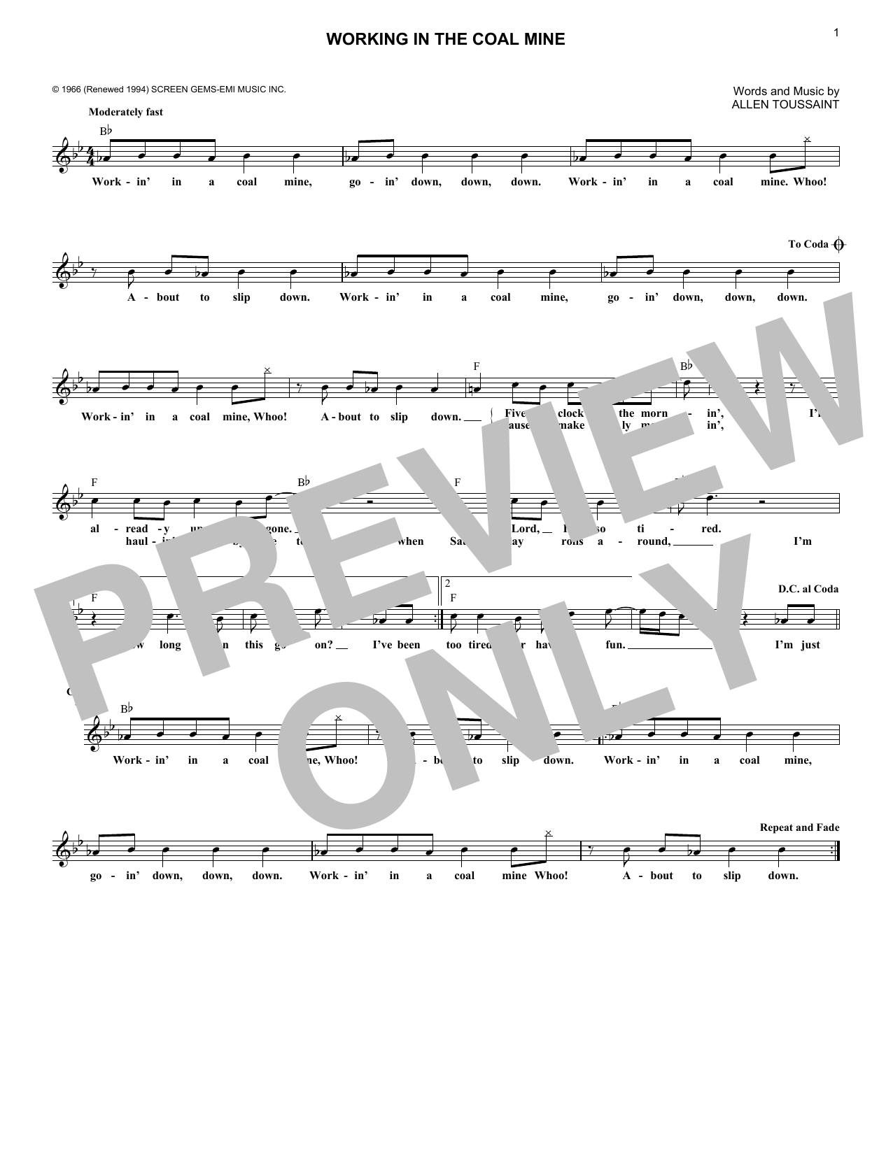Learn to play Lee Dorsey Working In The Coal Mine sheet music for Real Book – Melody & Chords in minutes. Price: 5.9900$ Lee Dorsey Working In The Coal Mine sheet music notes and chords arranged for Real Book – Melody & Chords