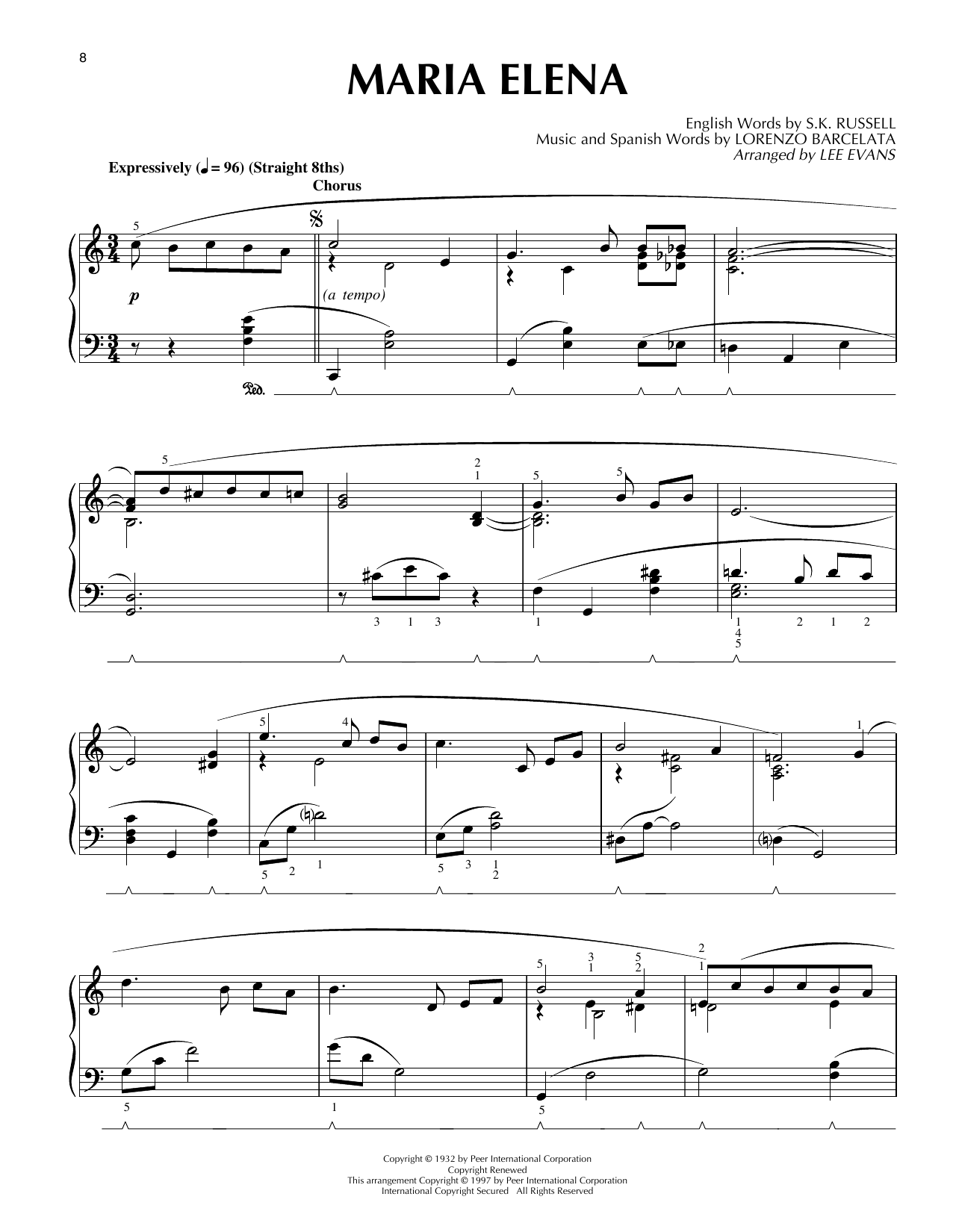 Learn to play Lee Evans Maria Elena sheet music for Piano Solo in minutes. Price: 6.9900$ Lee Evans Maria Elena sheet music notes and chords arranged for Piano Solo