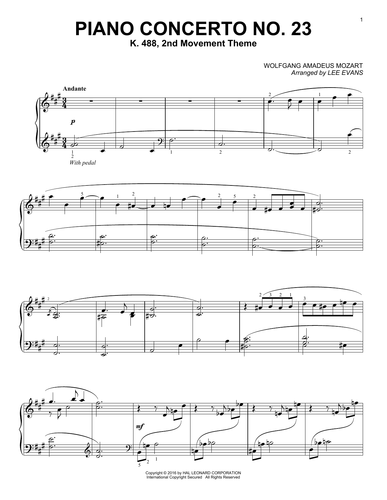 Wolfgang Amadeus Mozart Piano Concerto No.23 in A Major, K.488, 2nd Movement sheet music notes and chords. Download Printable PDF.