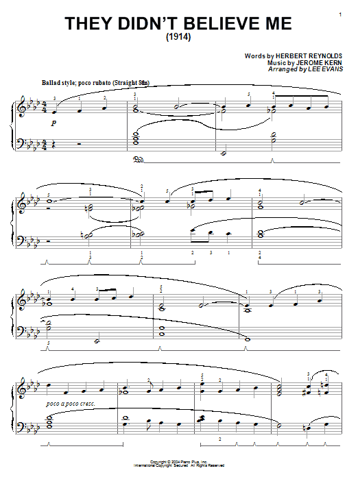 Learn to play Jerome Kern They Didn't Believe Me sheet music for Piano Solo in minutes. Price: 7.8900$ Jerome Kern They Didn't Believe Me sheet music notes and chords arranged for Piano Solo