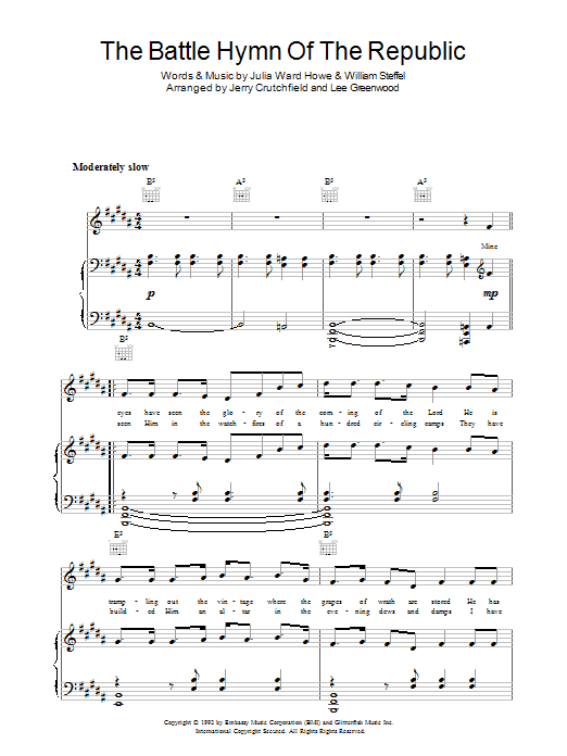 Lee Greenwood Battle Hymn Of The Republic sheet music notes and chords arranged for Piano, Vocal & Guitar Chords