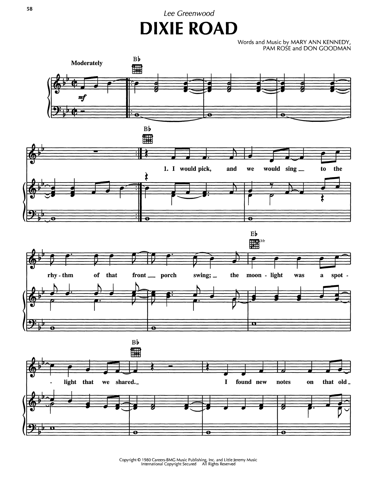Learn to play Lee Greenwood Dixie Road sheet music for Piano, Vocal & Guitar Chords (Right-Hand Melody) in minutes. Price: 7.8900$ Lee Greenwood Dixie Road sheet music notes and chords arranged for Piano, Vocal & Guitar Chords (Right-Hand Melody)