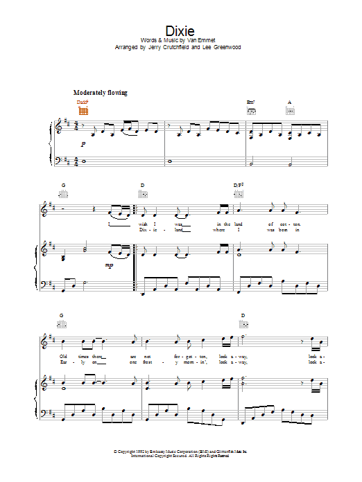 Learn to play Lee Greenwood Dixie sheet music for Piano, Vocal & Guitar Chords in minutes. Price: 7.8900$ Lee Greenwood Dixie sheet music notes and chords arranged for Piano, Vocal & Guitar Chords