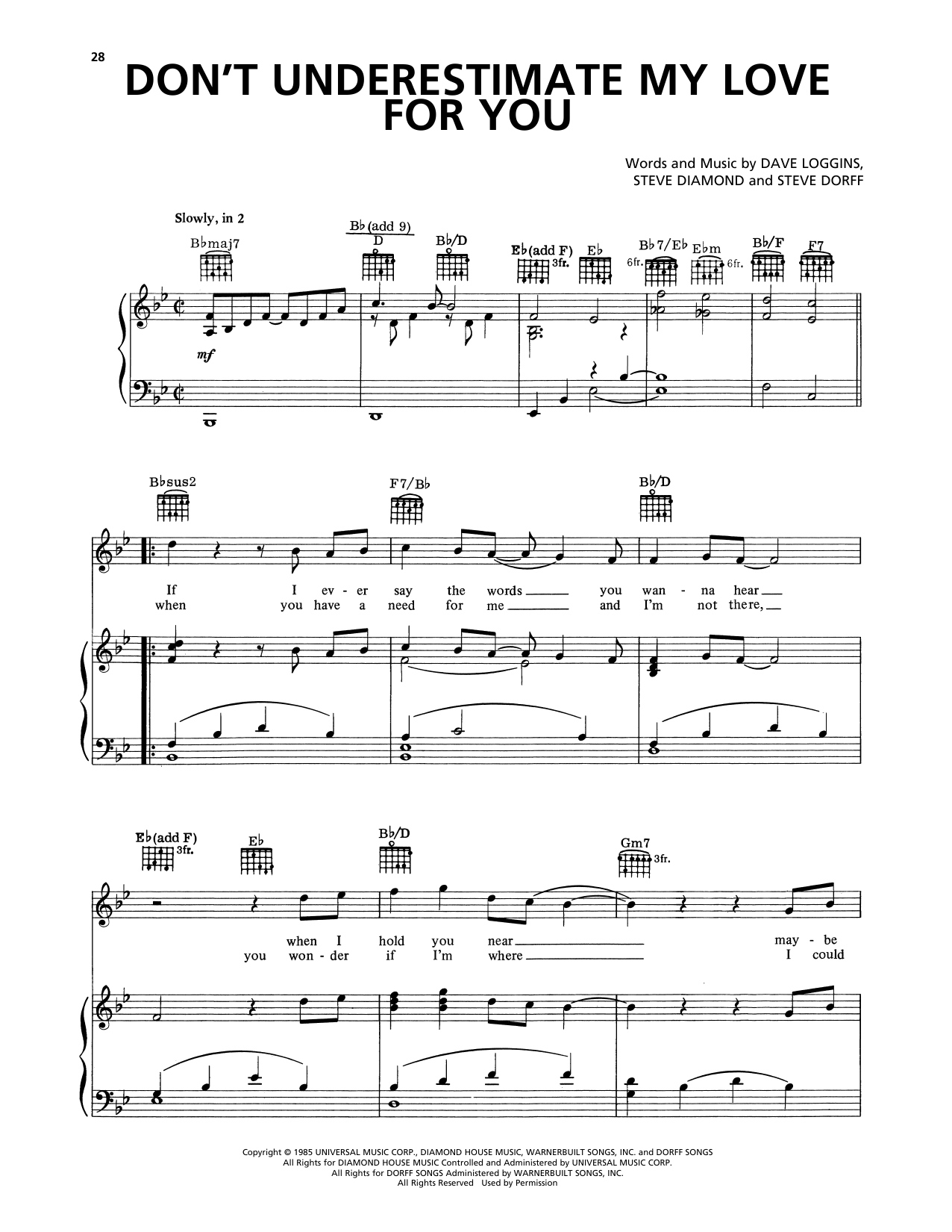 Learn to play Lee Greenwood Don't Underestimate My Love For You sheet music for Piano, Vocal & Guitar Chords (Right-Hand Melody) in minutes. Price: 7.8900$ Lee Greenwood Don't Underestimate My Love For You sheet music notes and chords arranged for Piano, Vocal & Guitar Chords (Right-Hand Melody)
