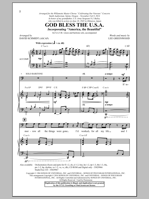 Lee Greenwood God Bless The U.S.A. (arr. David Schmidt) sheet music notes and chords. Download Printable PDF.