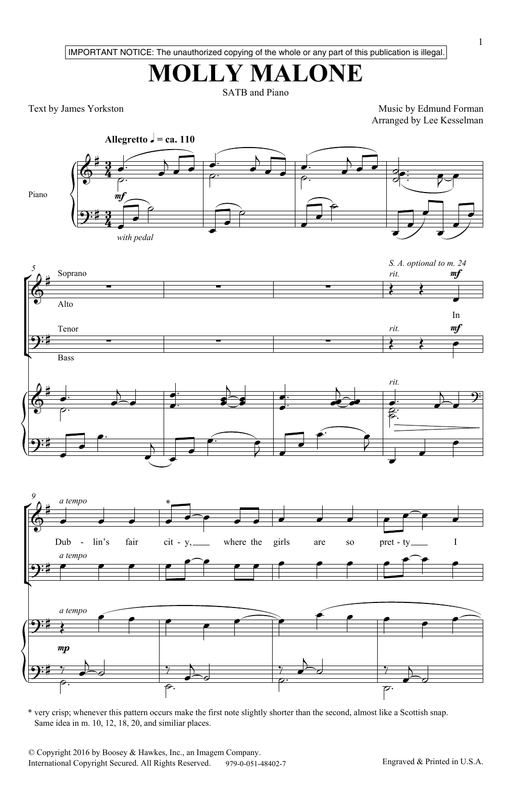 Learn to play Lee Kesselman Molly Malone sheet music for SATB Choir in minutes. Price: 3.9900$ Lee Kesselman Molly Malone sheet music notes and chords arranged for SATB Choir