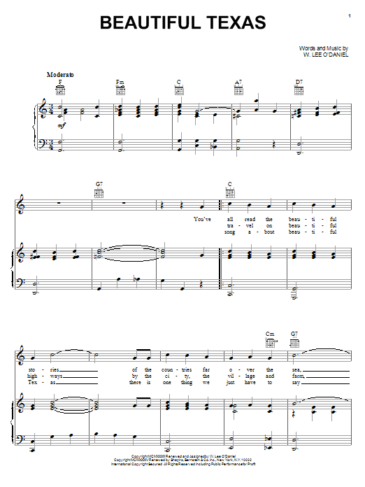 Learn to play Lee O'Daniel Beautiful Texas sheet music for Piano, Vocal & Guitar Chords (Right-Hand Melody) in minutes. Price: 7.8900$ Lee O'Daniel Beautiful Texas sheet music notes and chords arranged for Piano, Vocal & Guitar Chords (Right-Hand Melody)
