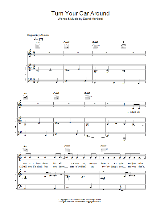 Learn to play Lee Ryan Turn Your Car Around sheet music for Piano, Vocal & Guitar Chords in minutes. Price: 7.8900$ Lee Ryan Turn Your Car Around sheet music notes and chords arranged for Piano, Vocal & Guitar Chords