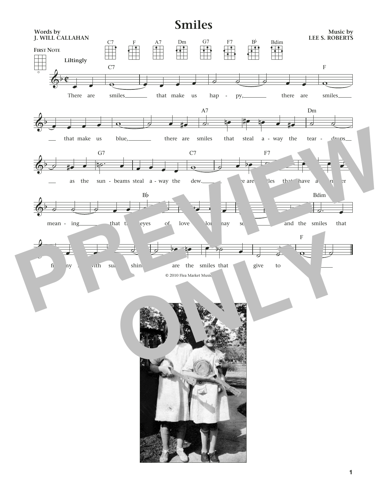 Learn to play Lee S. Roberts Smiles (from The Daily Ukulele) (arr. Liz and Jim Beloff) sheet music for Ukulele in minutes. Price: 5.9900$ Lee S. Roberts Smiles (from The Daily Ukulele) (arr. Liz and Jim Beloff) sheet music notes and chords arranged for Ukulele
