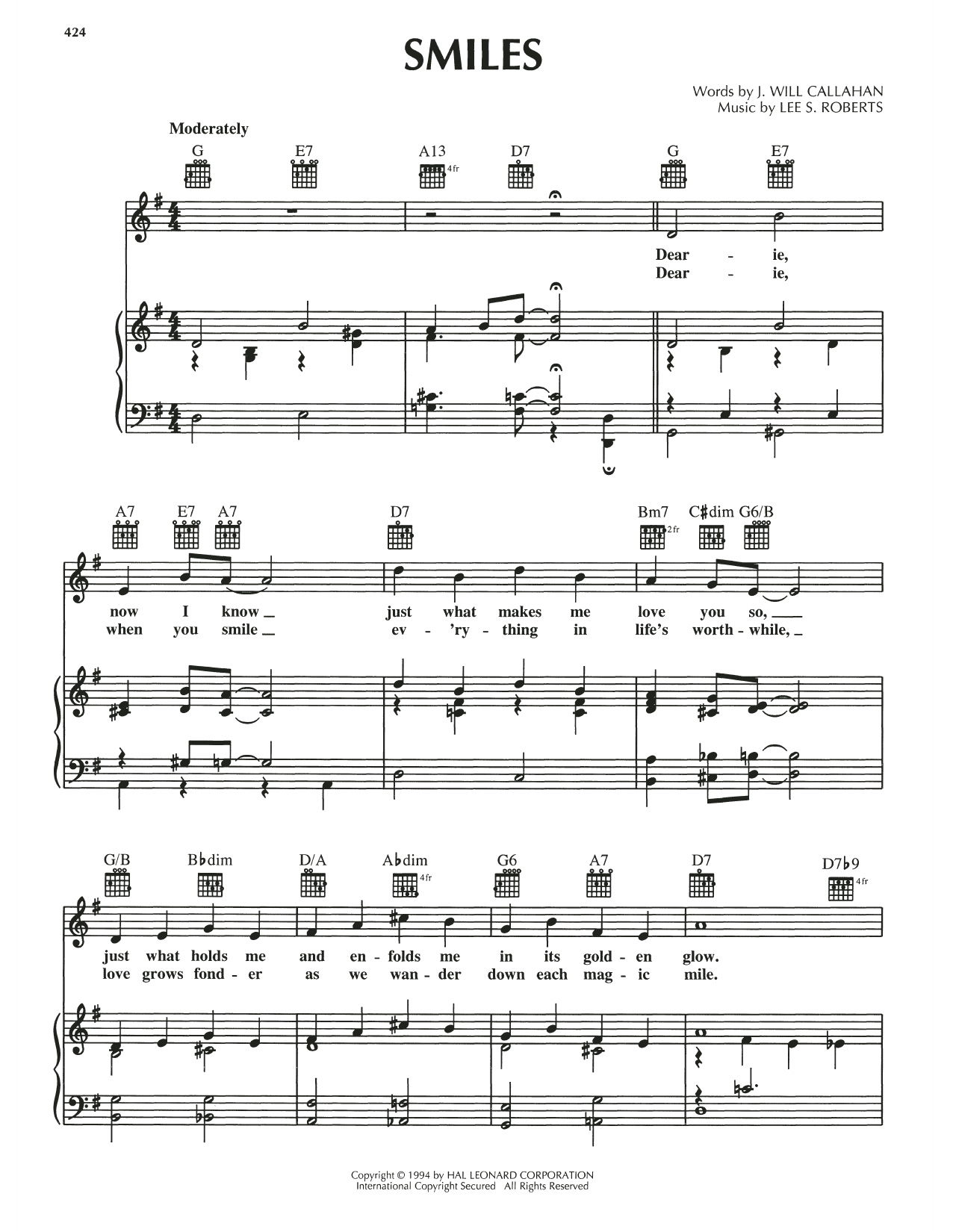 Learn to play Lee S. Roberts Smiles sheet music for Piano, Vocal & Guitar Chords (Right-Hand Melody) in minutes. Price: 7.8900$ Lee S. Roberts Smiles sheet music notes and chords arranged for Piano, Vocal & Guitar Chords (Right-Hand Melody)
