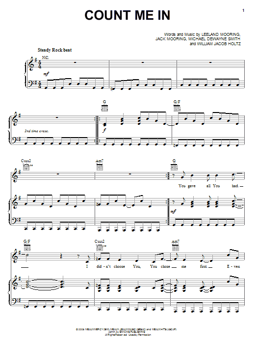 Learn to play Leeland Count Me In sheet music for Piano, Vocal & Guitar Chords (Right-Hand Melody) in minutes. Price: 7.8900$ Leeland Count Me In sheet music notes and chords arranged for Piano, Vocal & Guitar Chords (Right-Hand Melody)