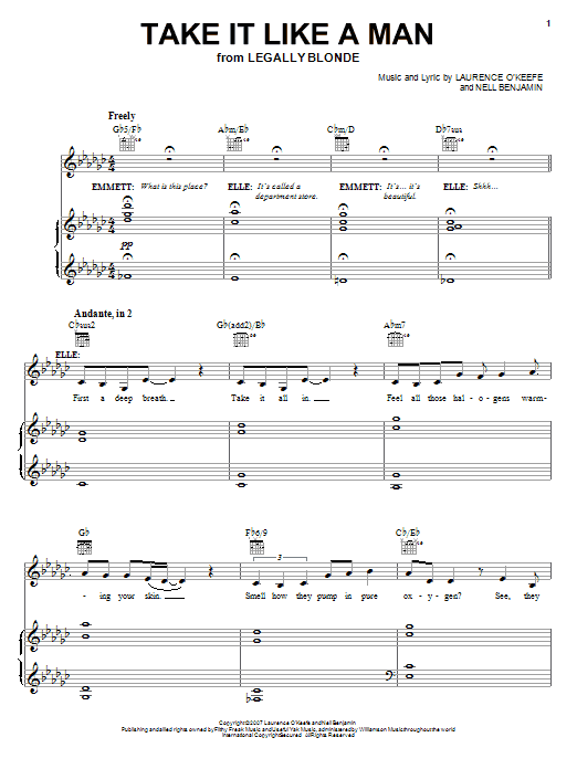 Learn to play Legally Blonde The Musical Take It Like A Man sheet music for Piano & Vocal in minutes. Price: 7.8900$ Legally Blonde The Musical Take It Like A Man sheet music notes and chords arranged for Piano & Vocal