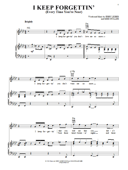 Learn to play Leiber And Stoller I Keep Forgettin' (Every Time You're Near) sheet music for Piano, Vocal & Guitar Chords (Right-Hand Melody) in minutes. Price: 7.8900$ Leiber And Stoller I Keep Forgettin' (Every Time You're Near) sheet music notes and chords arranged for Piano, Vocal & Guitar Chords (Right-Hand Melody)