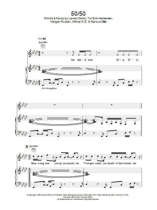 Learn to play Lemar 50/50 sheet music for Piano, Vocal & Guitar Chords in minutes. Price: 7.8900$ Lemar 50/50 sheet music notes and chords arranged for Piano, Vocal & Guitar Chords
